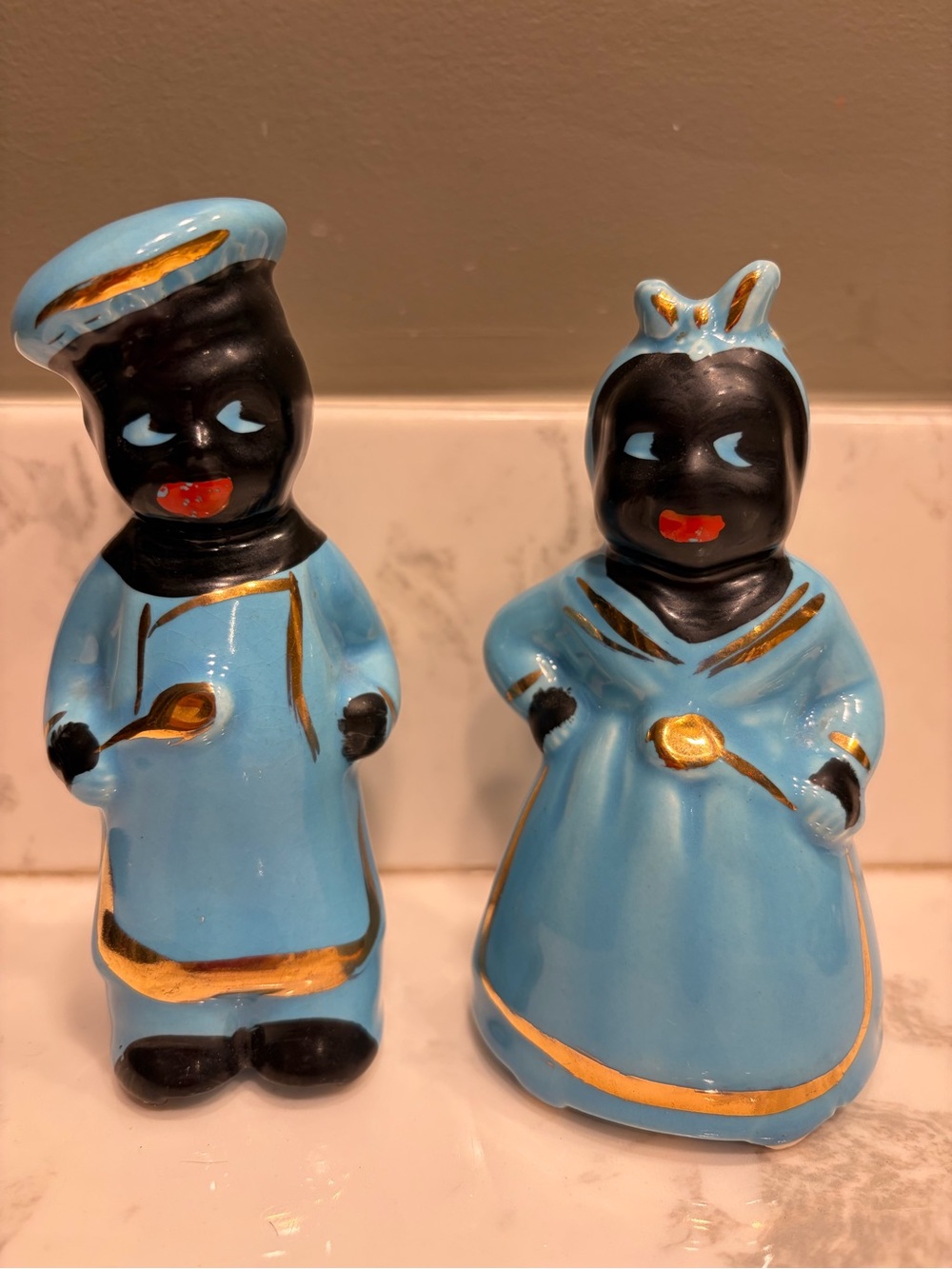 Vintage Black Americana Blue Ceramic Figurine Salt & Pepper Set with Gold Trim